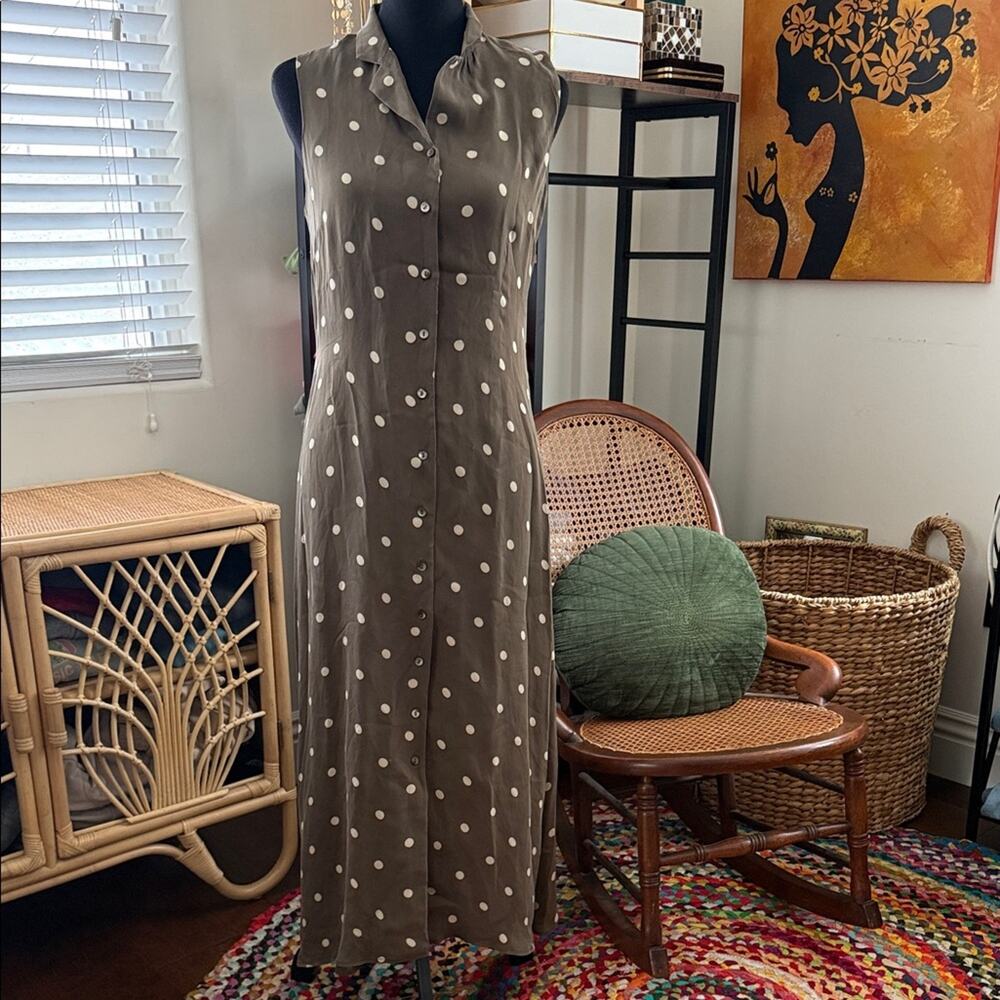 Kate Hill Petite Taupe Silk Polka Dot Pretty Woman Button Up Midi Maxi Dress